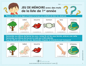 Jeu de mémoire avec les mots de 1ʳᵉ année